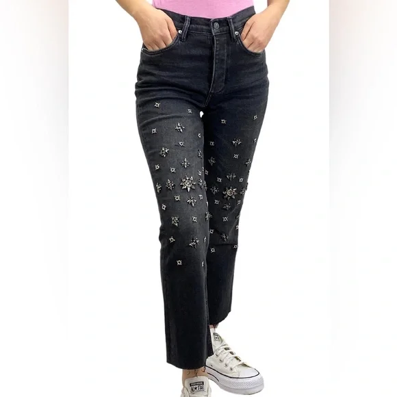 AllSaints NWT High-Waisted Rhinestone Embellished Flared Washed Black Jeans